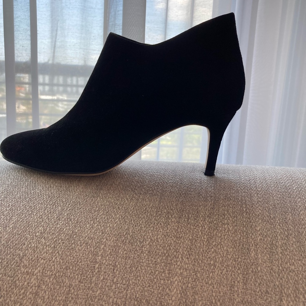 Pelle Moda Black Kid  Suede Bootie. Side zip, 3” heel ,size 8.